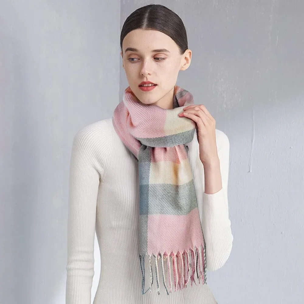 Women's Beige Grey Lattice Scarf Fashion Long Plaid Shawls Wraps Big Grid Winter